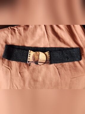 Vintage Black Stretch Belt with Wooden Buckle
